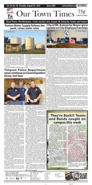 Primary view of object titled 'Our Town Times (Timpson, Tex.), Vol. 35, No. 33, Ed. 1 Thursday, August 6, 2015'.