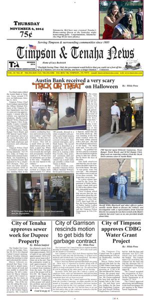Primary view of object titled 'Timpson & Tenaha News (Timpson, Tex.), Vol. 34, No. 45, Ed. 1 Thursday, November 6, 2014'.