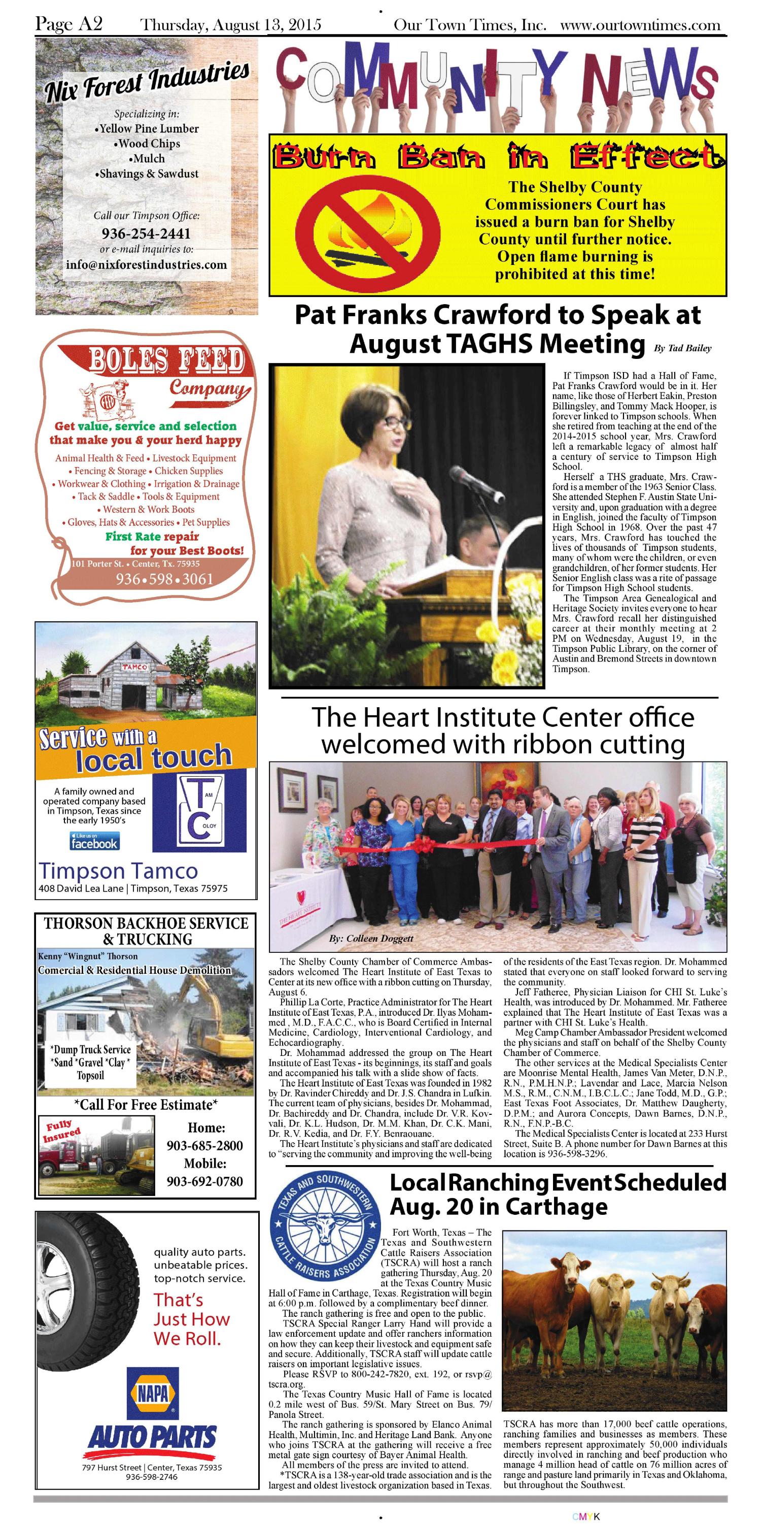Our Town Times (Timpson, Tex.), Vol. 35, No. 34, Ed. 1 Thursday, August 13, 2015
                                                
                                                    [Sequence #]: 2 of 20
                                                