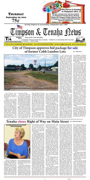 Primary view of object titled 'Timpson & Tenaha News (Timpson, Tex.), Vol. 34, No. 39, Ed. 1 Thursday, September 25, 2014'.
