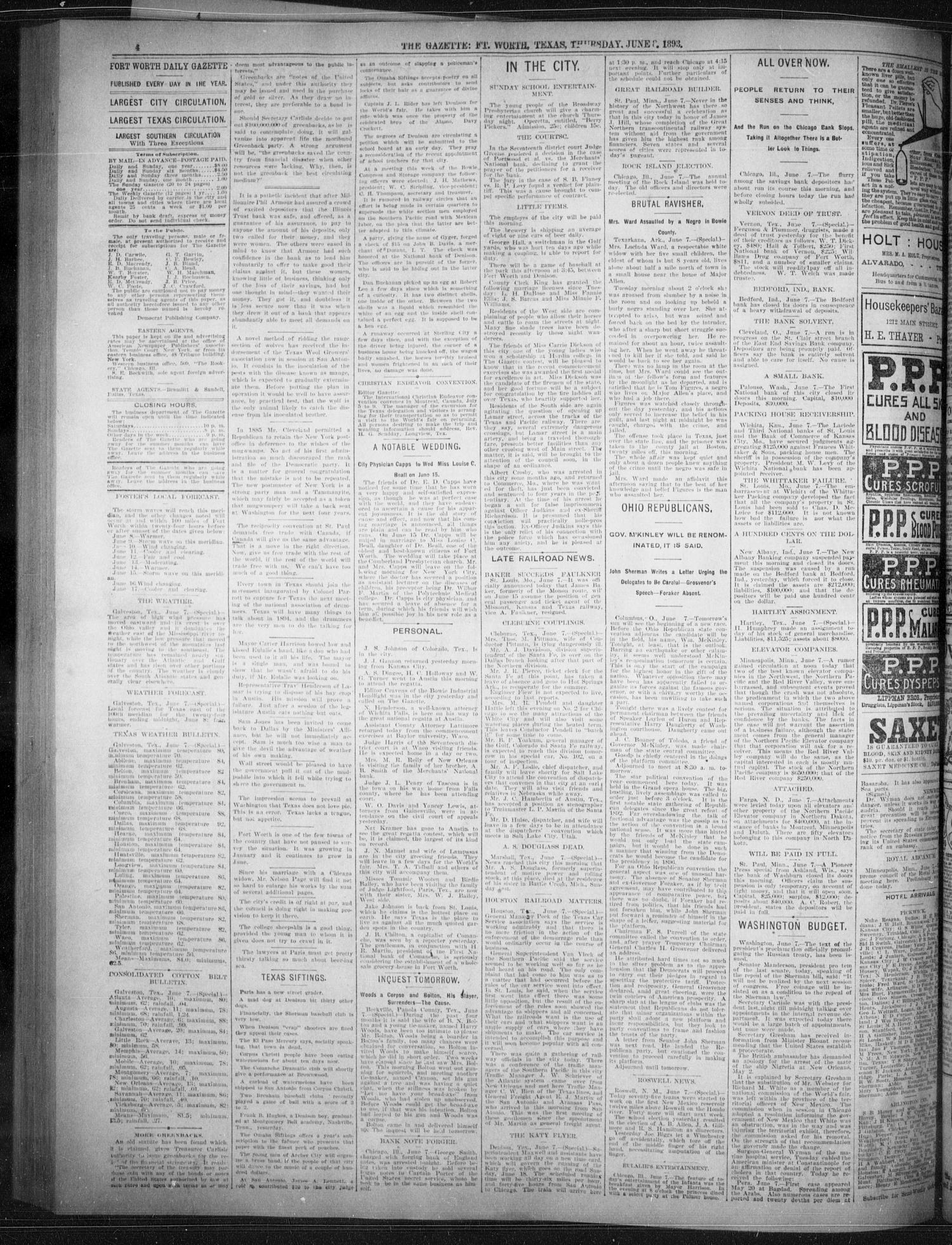Fort Worth Gazette. (Fort Worth, Tex.), Vol. 17, No. 204, Ed. 1, Thursday, June 8, 1893
                                                
                                                    [Sequence #]: 4 of 8
                                                