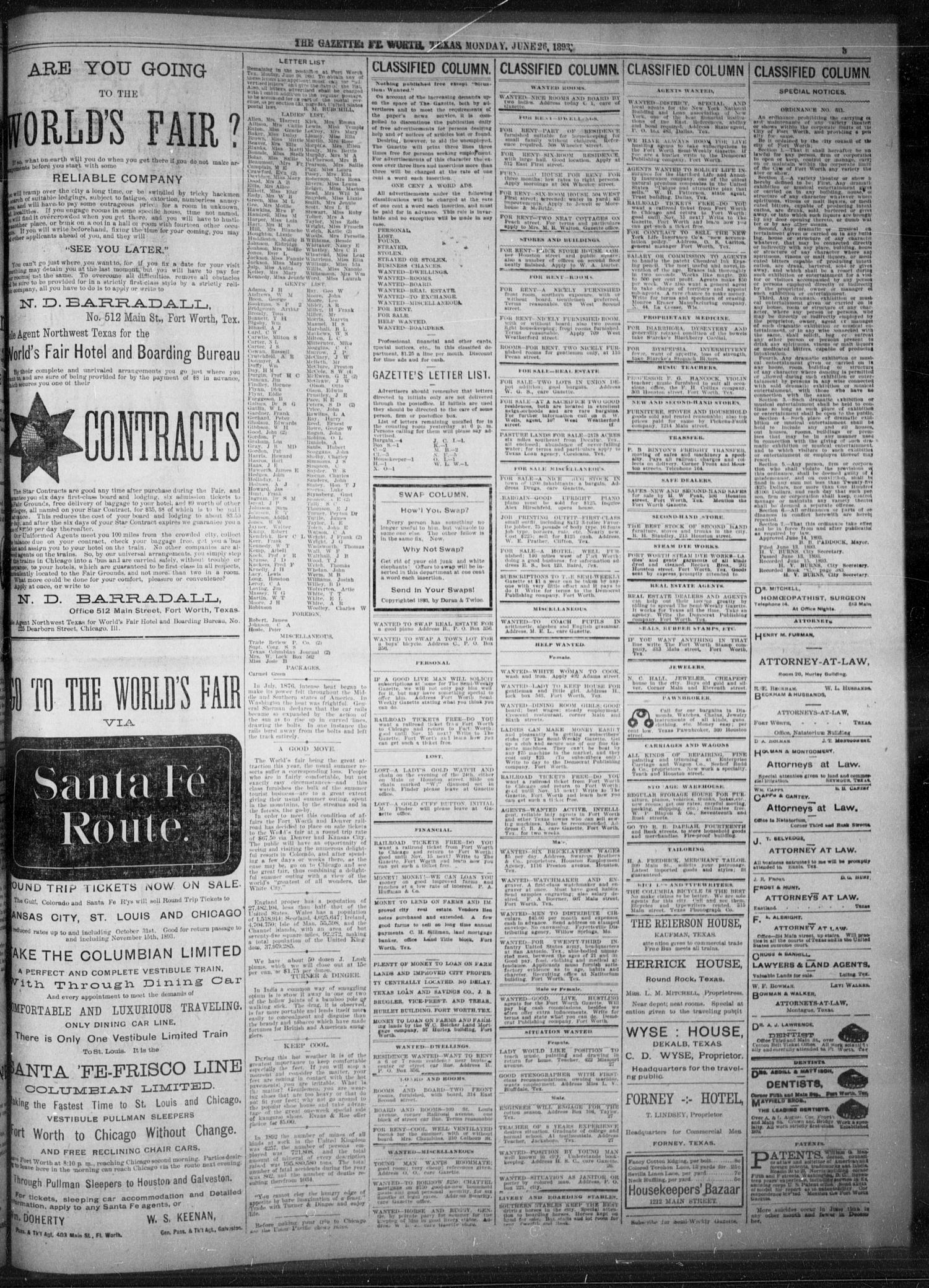 Fort Worth Gazette. (Fort Worth, Tex.), Vol. 17, No. 222, Ed. 1, Monday, June 26, 1893
                                                
                                                    [Sequence #]: 3 of 8
                                                