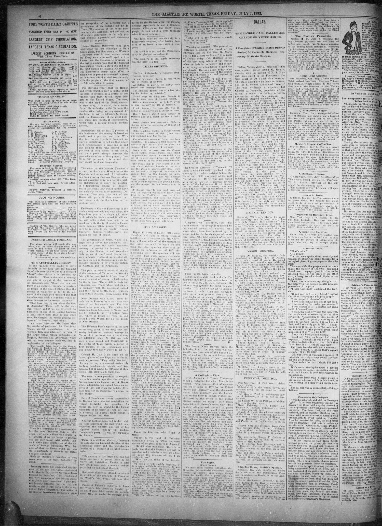 Fort Worth Daily Gazette. (Fort Worth, Tex.), Vol. 17, No. 233, Ed. 1, Friday, July 7, 1893
                                                
                                                    [Sequence #]: 4 of 8
                                                