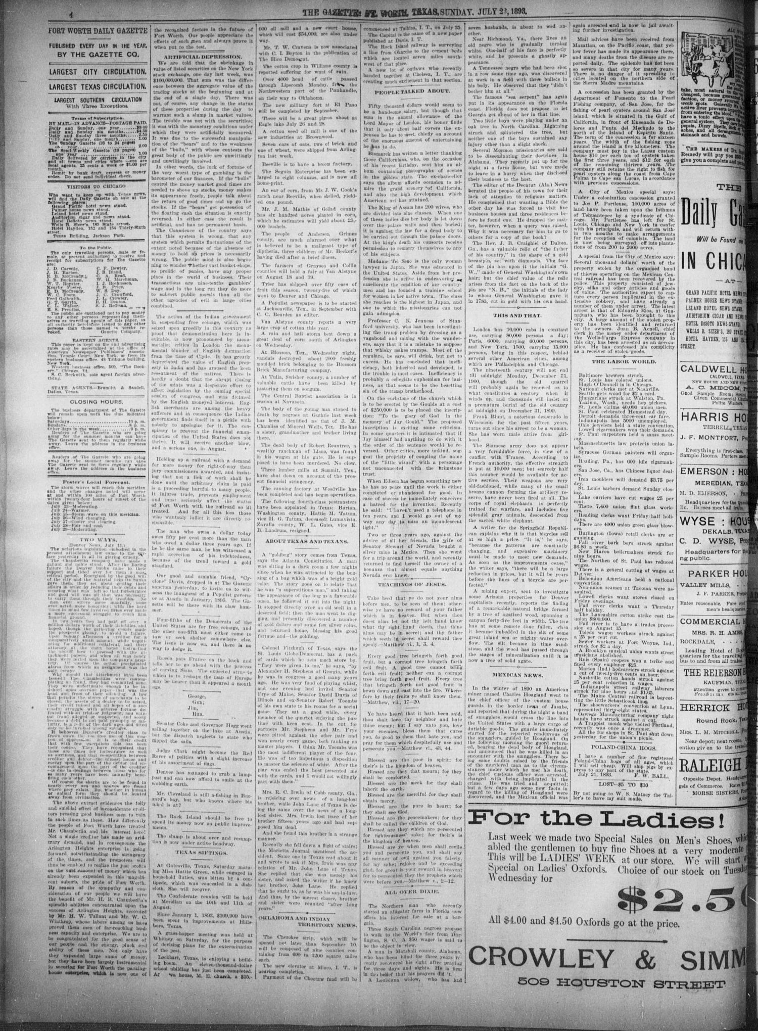 Fort Worth Daily Gazette. (Fort Worth, Tex.), Vol. 17, No. 249, Ed. 1, Sunday, July 23, 1893
                                                
                                                    [Sequence #]: 4 of 12
                                                