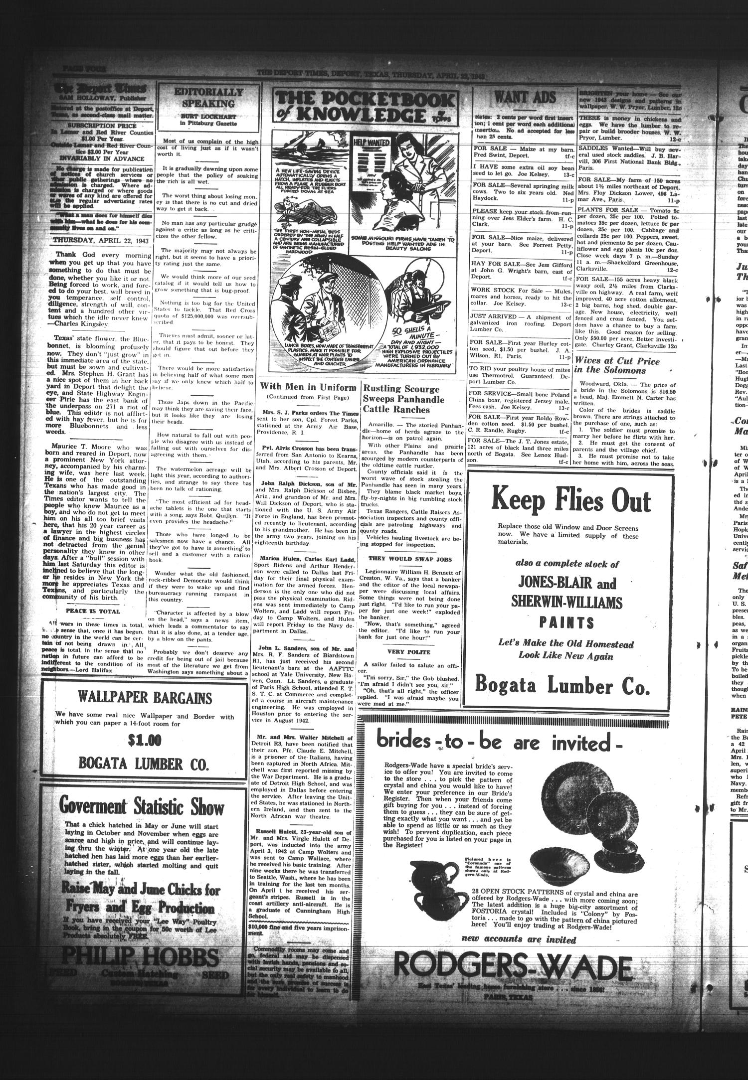 The Deport Times (Deport, Tex.), Vol. 35, No. 11, Ed. 1 Thursday, April 22, 1943
                                                
                                                    [Sequence #]: 4 of 8
                                                