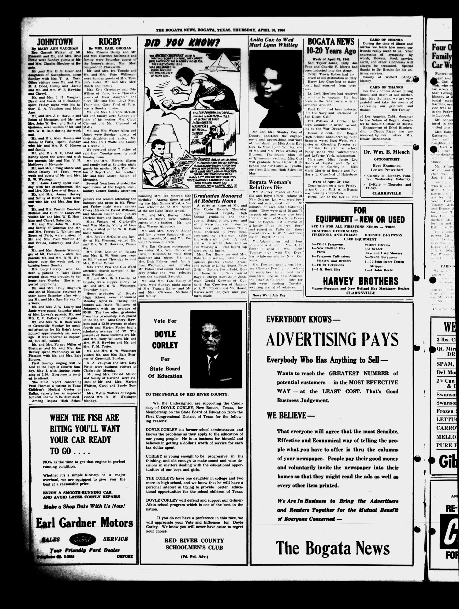 The Bogata News (Bogata, Tex.), Vol. 54, No. 29, Ed. 1 Thursday, April 30, 1964
                                                
                                                    [Sequence #]: 4 of 6
                                                