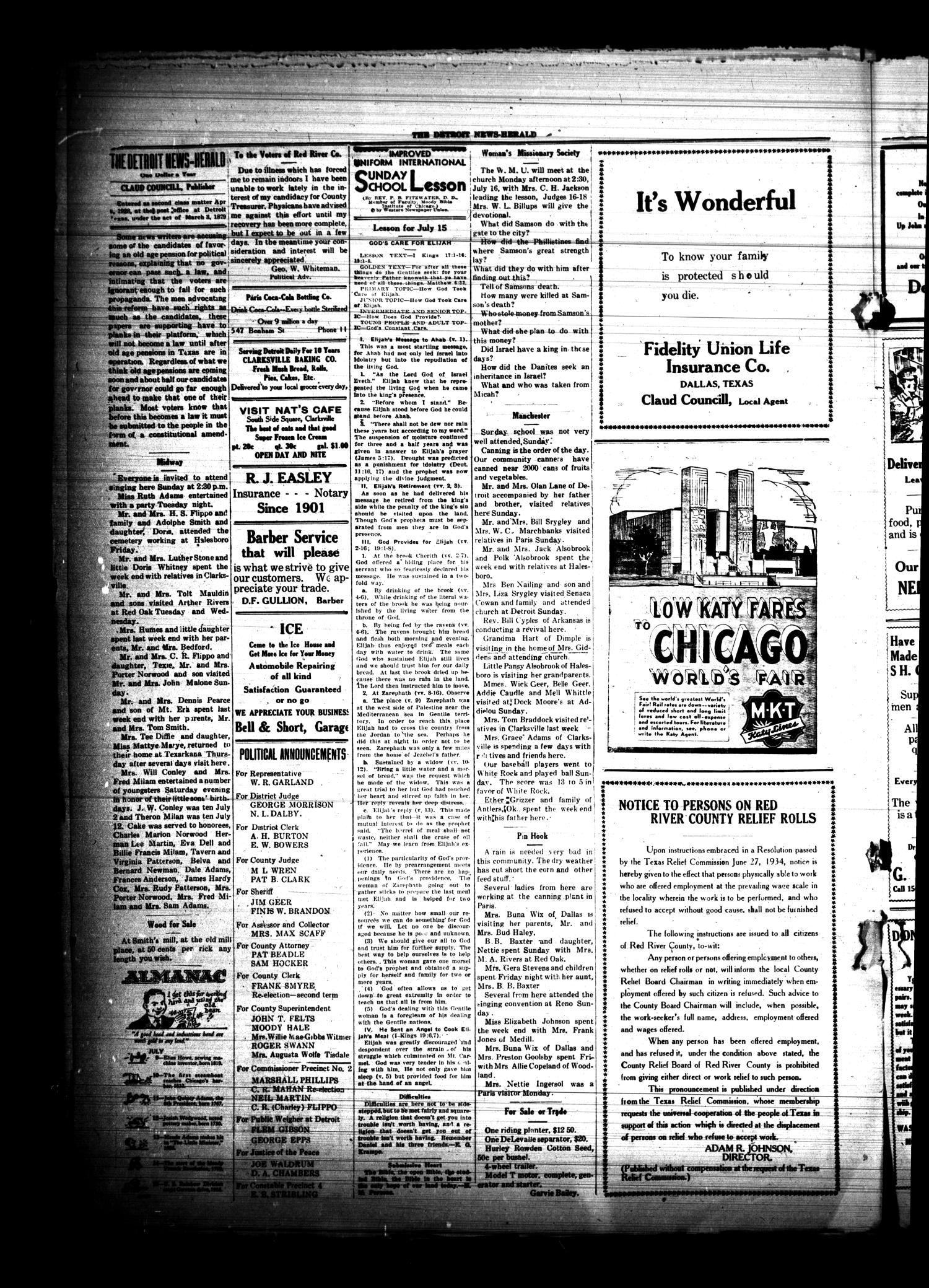 The Detroit News-Herald (Detroit, Tex.), Vol. 7, No. [14], Ed. 1 Thursday, July 12, 1934
                                                
                                                    [Sequence #]: 2 of 4
                                                