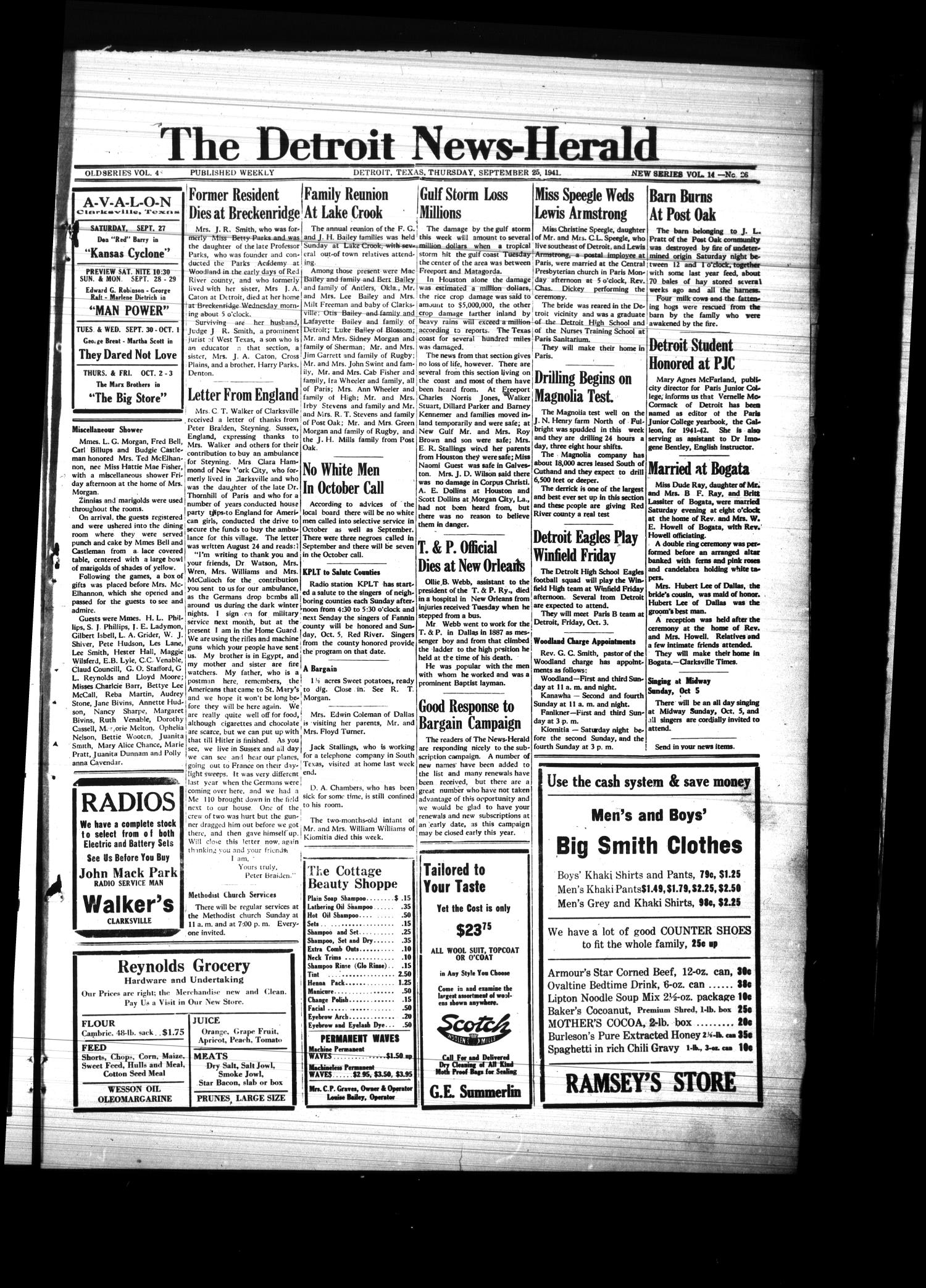 The Detroit News-Herald (Detroit, Tex.), Vol. 14, No. 26, Ed. 1 Thursday, September 25, 1941
                                                
                                                    [Sequence #]: 1 of 4
                                                