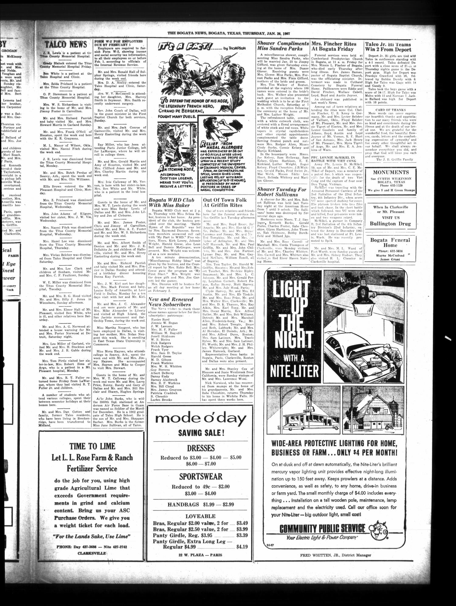 The Bogata News (Bogata, Tex.), Vol. 57, No. 16, Ed. 1 Thursday, January 26, 1967
                                                
                                                    [Sequence #]: 3 of 4
                                                