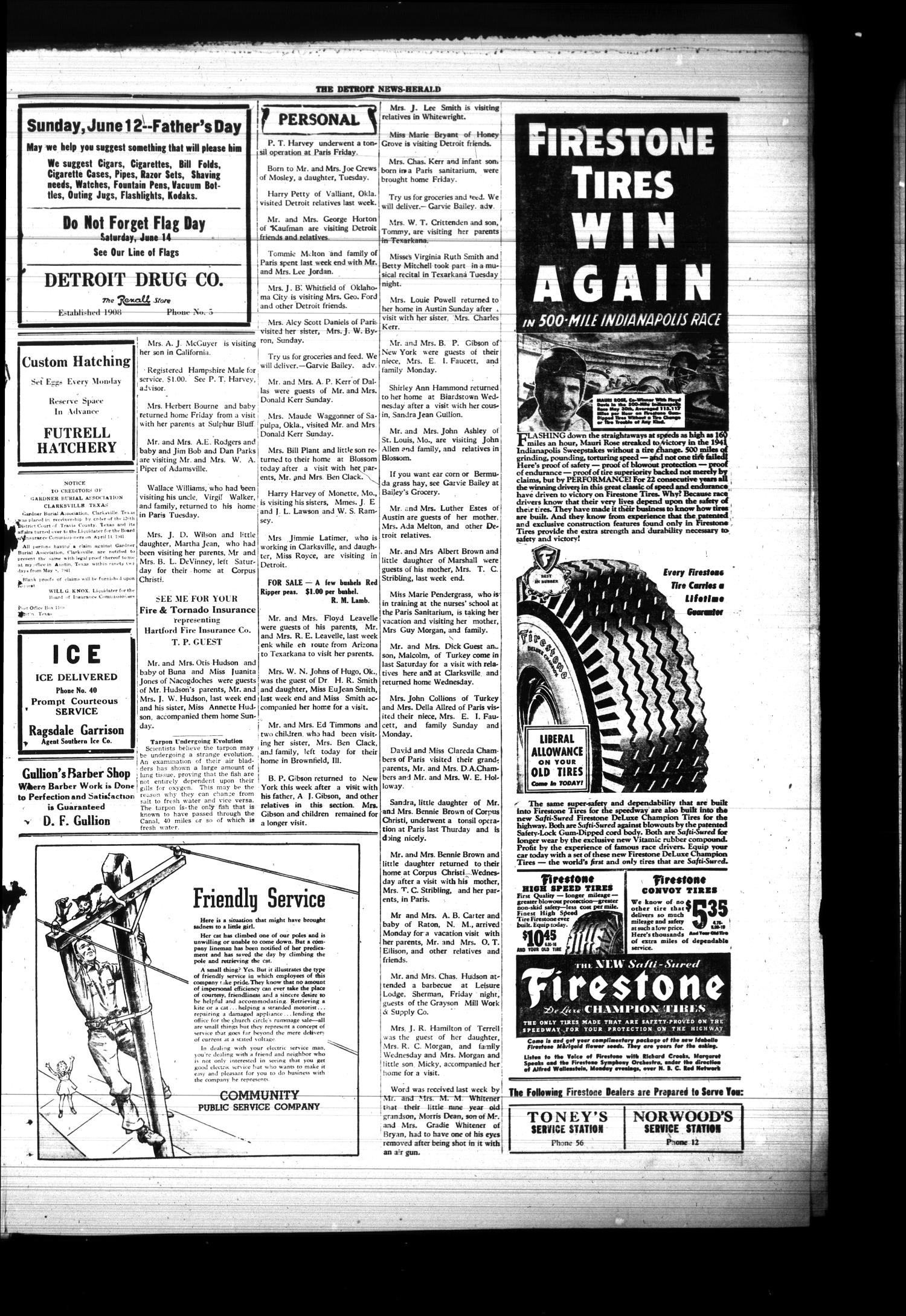 The Detroit News-Herald (Detroit, Tex.), Vol. 14, No. 11, Ed. 1 Thursday, June 12, 1941
                                                
                                                    [Sequence #]: 3 of 4
                                                