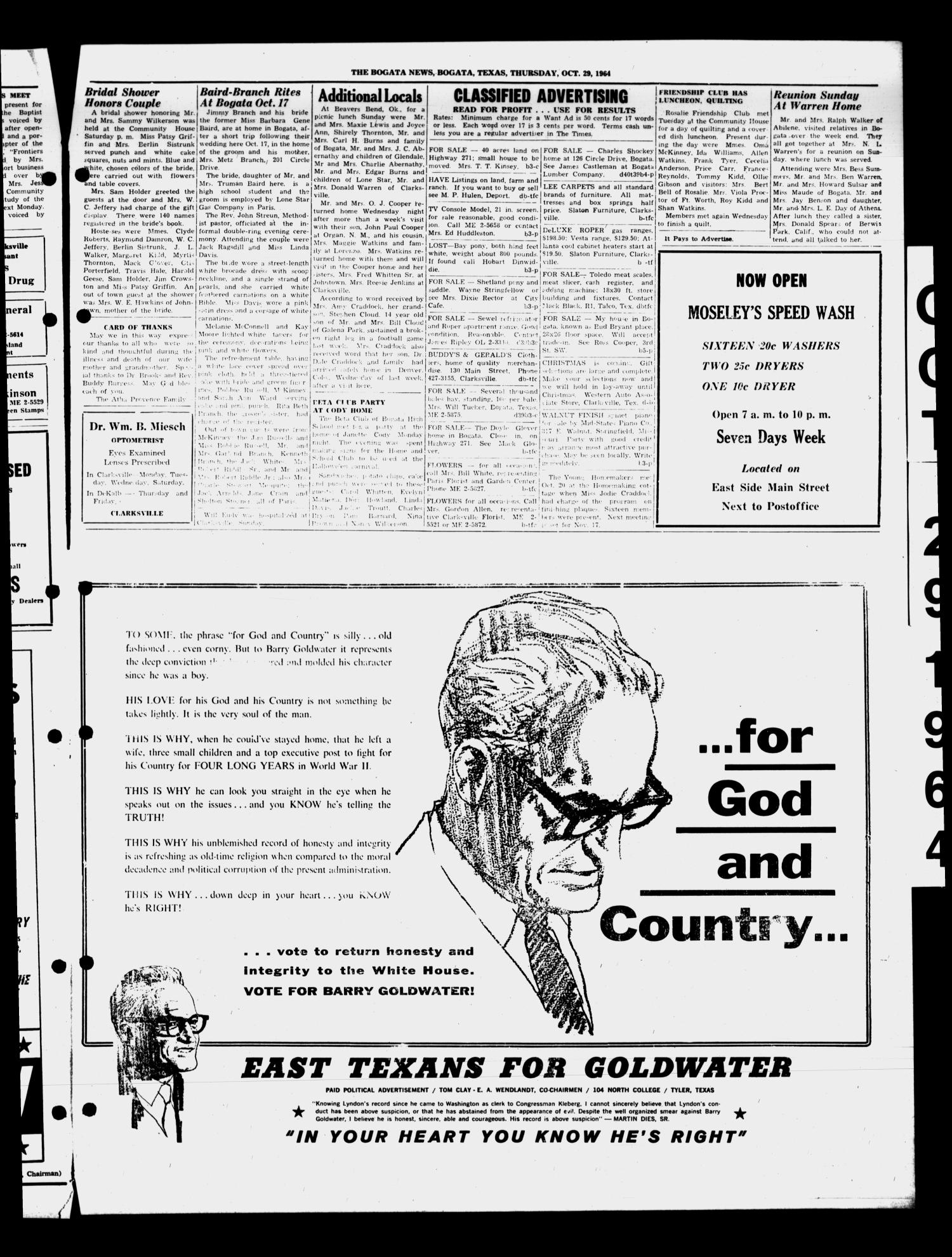 The Bogata News (Bogata, Tex.), Vol. 55, No. 3, Ed. 1 Thursday, October 29, 1964
                                                
                                                    [Sequence #]: 3 of 4
                                                