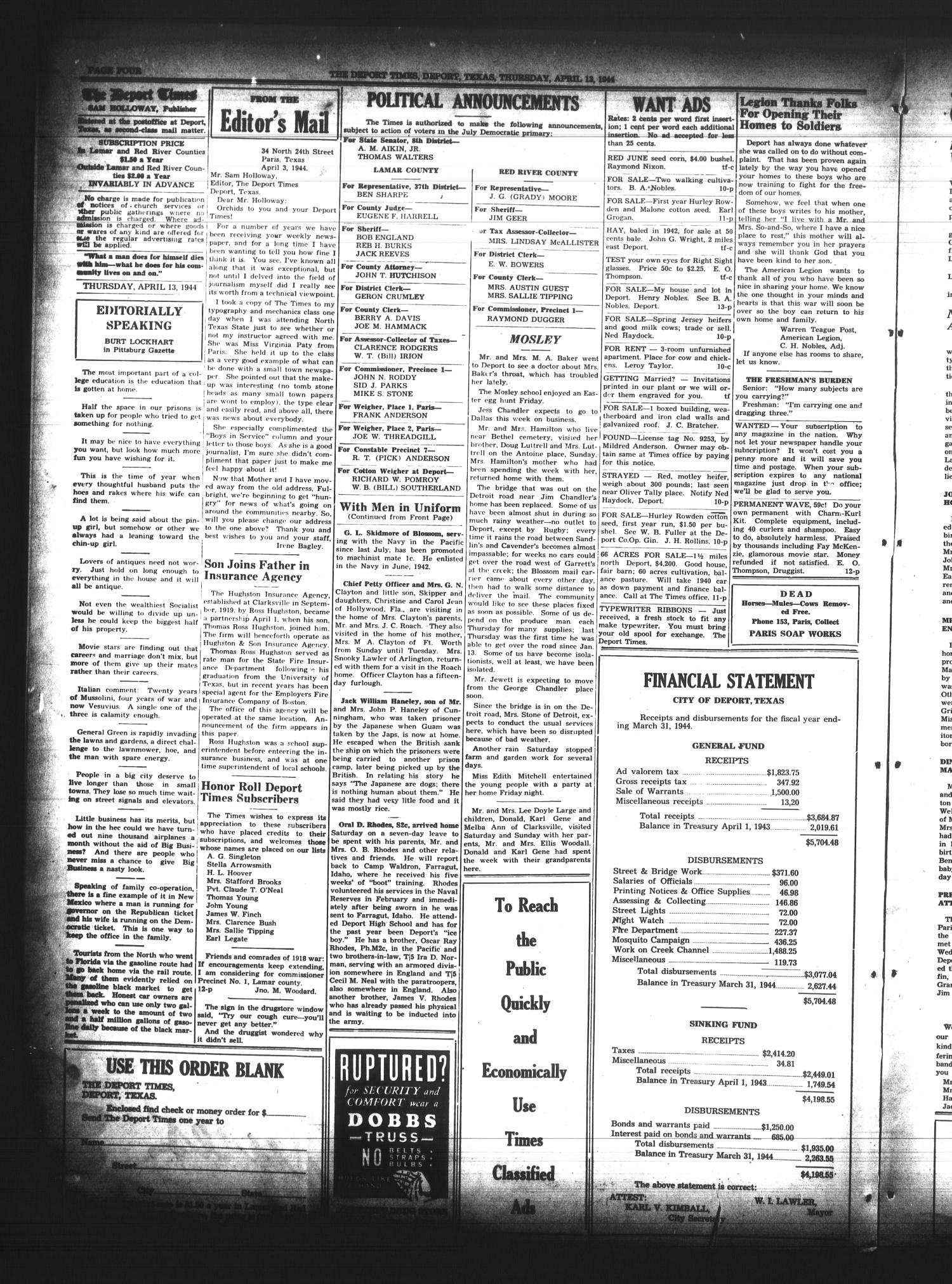 The Deport Times (Deport, Tex.), Vol. 36, No. 10, Ed. 1 Thursday, April 13, 1944
                                                
                                                    [Sequence #]: 4 of 8
                                                
