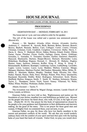 Primary view of object titled 'Journal of the House of Representatives of Texas: 82nd Legislature, Regular Session, Monday, February 14, 2011'.