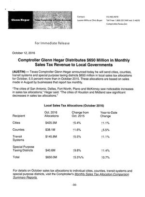 Primary view of object titled '[News Release: Comptroller Distributes Sales Tax Revenue, October 12, 2016]'.