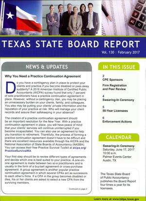 Primary view of object titled 'Texas State Board Report, Volume 130, February 2017'.