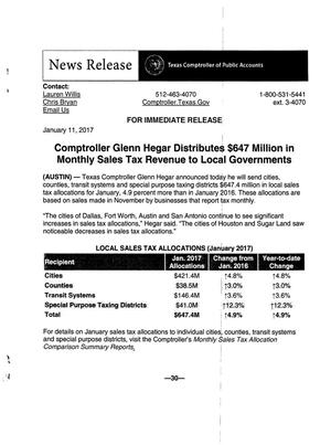 [News Release: Comptroller Distributes Sales Tax Revenue, January 11, 2017]