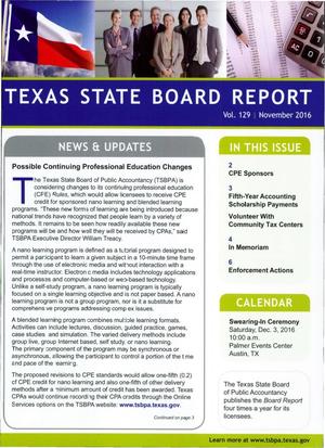 Primary view of object titled 'Texas State Board Report, Volume 129, November 2016'.