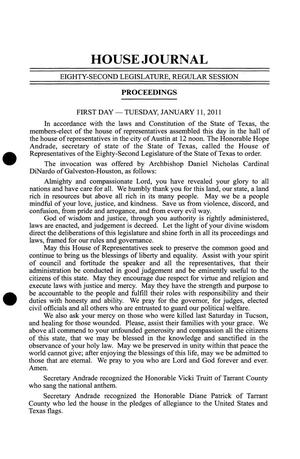 Primary view of object titled 'Journal of the House of Representatives of Texas: 82nd Legislature, Regular Session, Tuesday, January 11, 2011'.