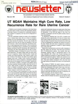 Primary view of object titled 'The University of Texas System Cancer Center Newsletter, Volume 27, Number 3, May-June 1982'.