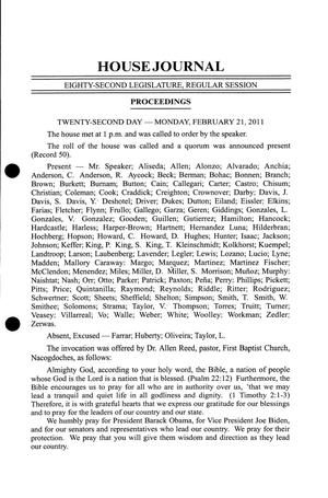 Primary view of object titled 'Journal of the House of Representatives of Texas: 82nd Legislature, Regular Session, Monday, February 21, 2011'.