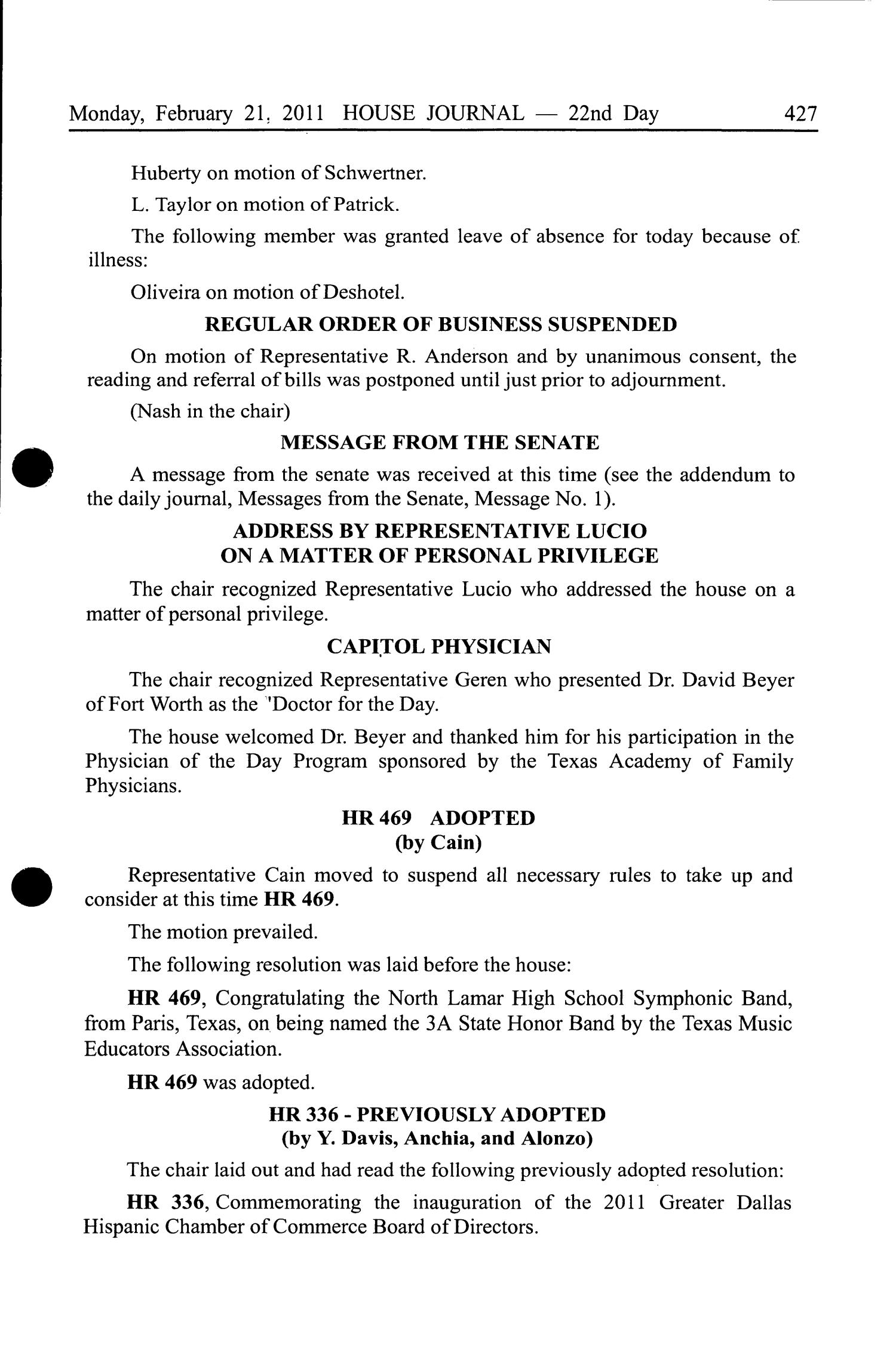 Journal of the House of Representatives of Texas: 82nd Legislature, Regular Session, Monday, February 21, 2011
                                                
                                                    427
                                                