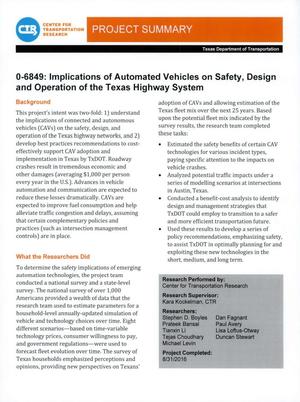 Project Summary: Implications of Automated Vehicles on Safety, Design and Operation of the Texas Highway System