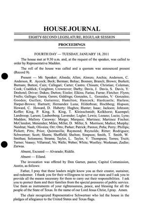 Primary view of object titled 'Journal of the House of Representatives of Texas: 82nd Legislature, Regular Session, Tuesday, January 18, 2011'.
