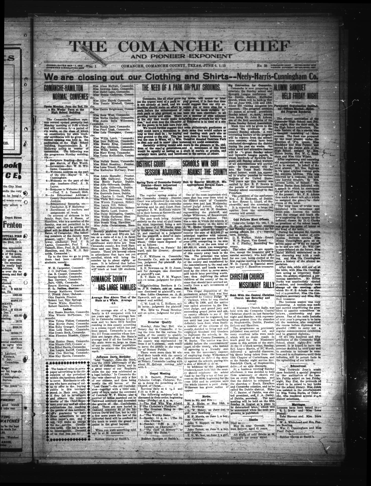 The Comanche Chief and Pioneer Exponent (Comanche, Tex.), Vol. 1, No. 38, Ed. 1 Friday, June 6, 1913
                                                
                                                    [Sequence #]: 1 of 10
                                                