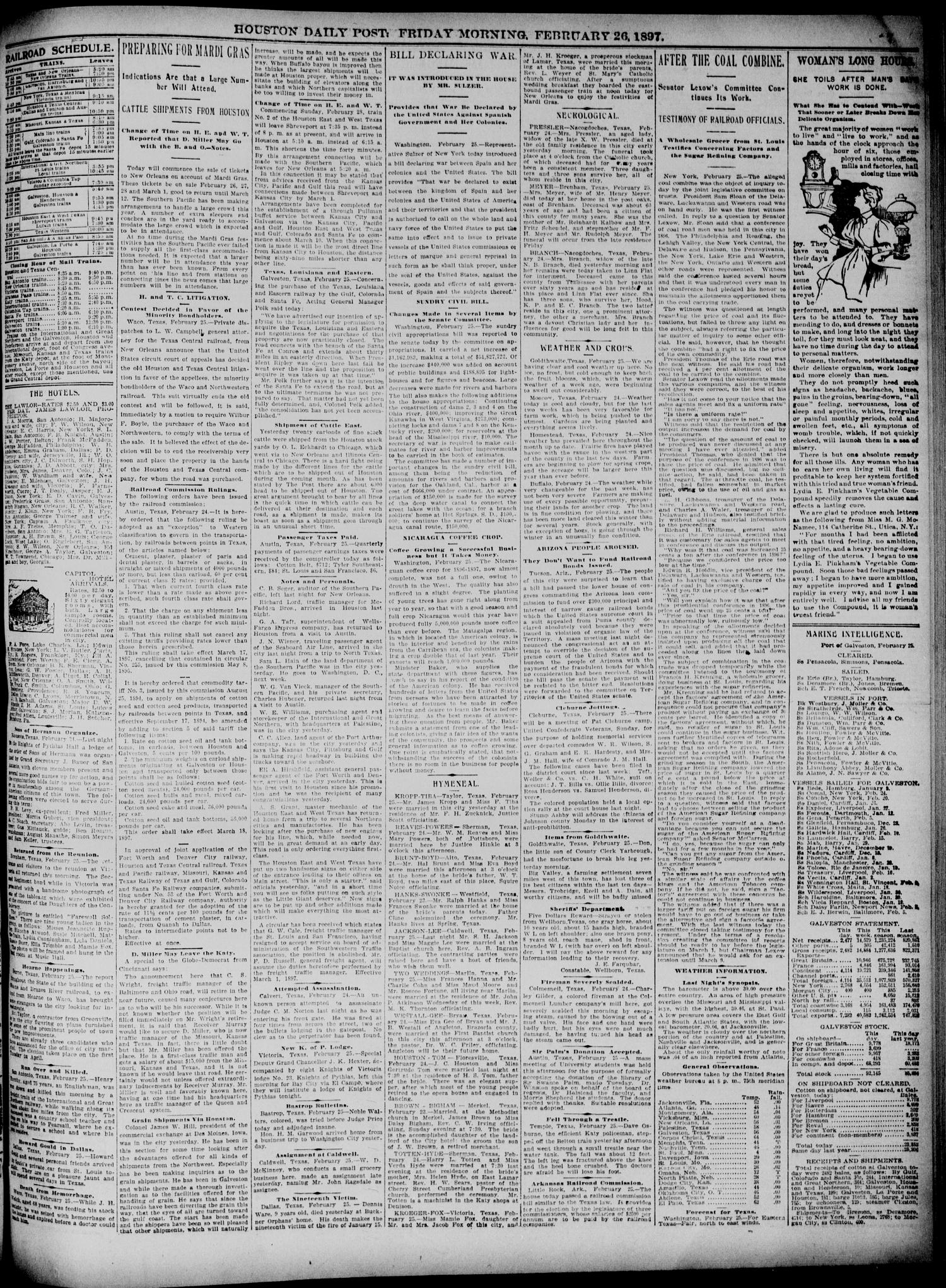 The Houston Daily Post (Houston, Tex.), Vol. TWELFTH YEAR, No. 328, Ed. 1, Friday, February 26, 1897
                                                
                                                    [Sequence #]: 7 of 10
                                                