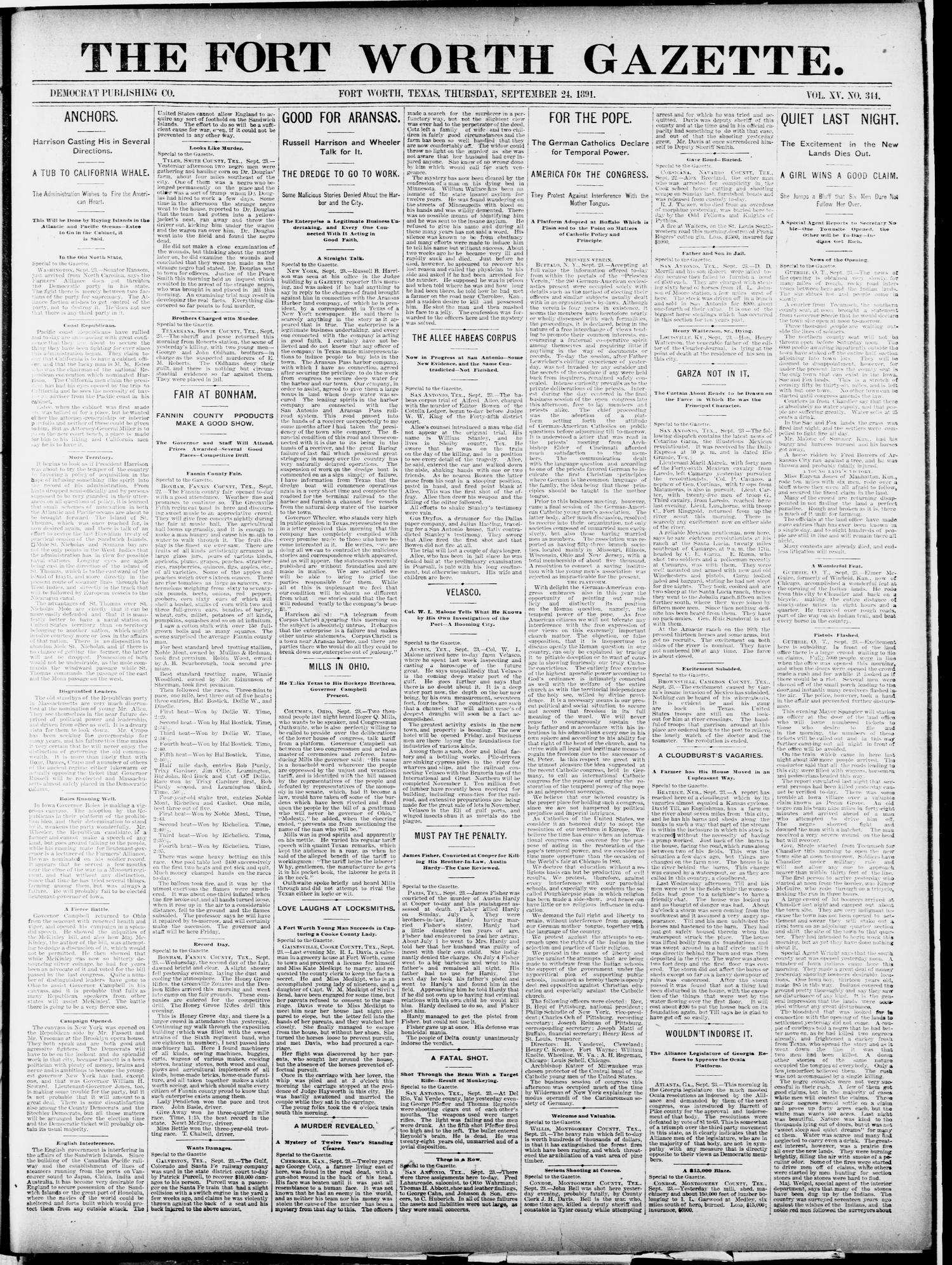 Fort Worth Gazette. (Fort Worth, Tex.), Vol. 13, No. 42, Ed. 1, Thursday, September 24, 1891
                                                
                                                    [Sequence #]: 1 of 8
                                                
