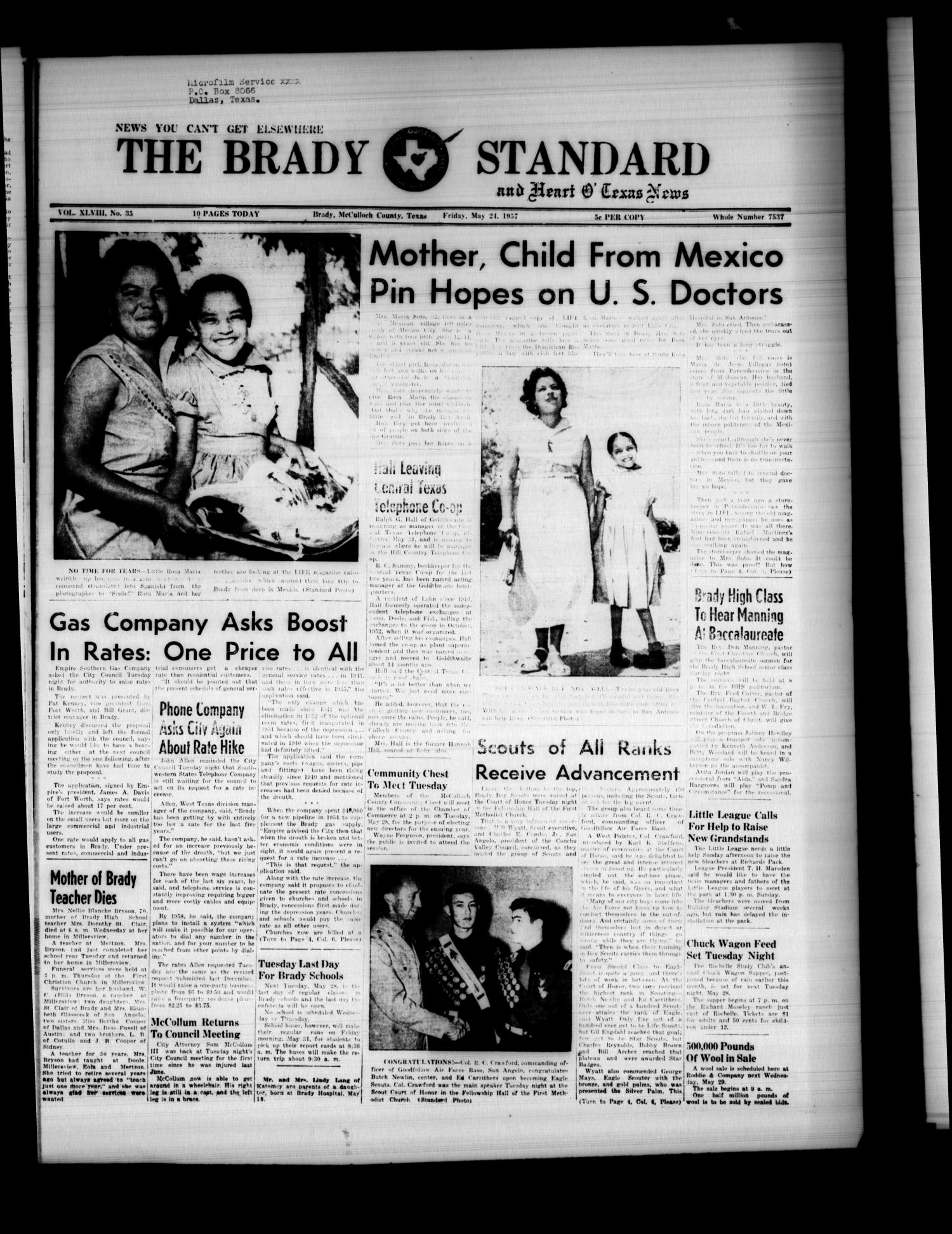 The Brady Standard and Heart O' Texas News (Brady, Tex.), Vol. 48, No. 35, Ed. 1 Friday, May 24, 1957
                                                
                                                    [Sequence #]: 1 of 10
                                                