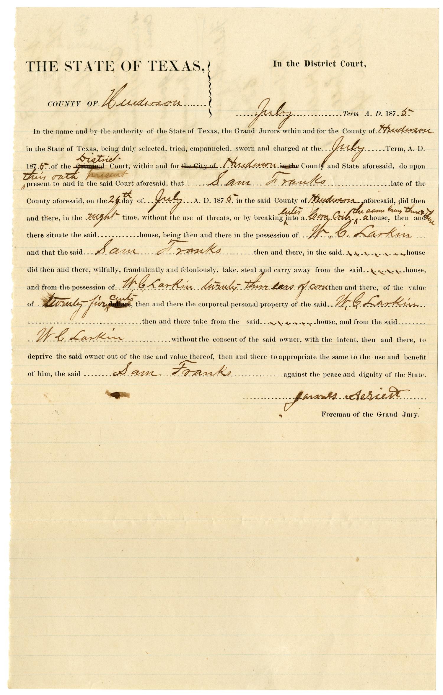 Documents pertaining to the case of The State of Texas vs. Sam Franks, cause no. 1103, 1875
                                                
                                                    [Sequence #]: 3 of 10
                                                