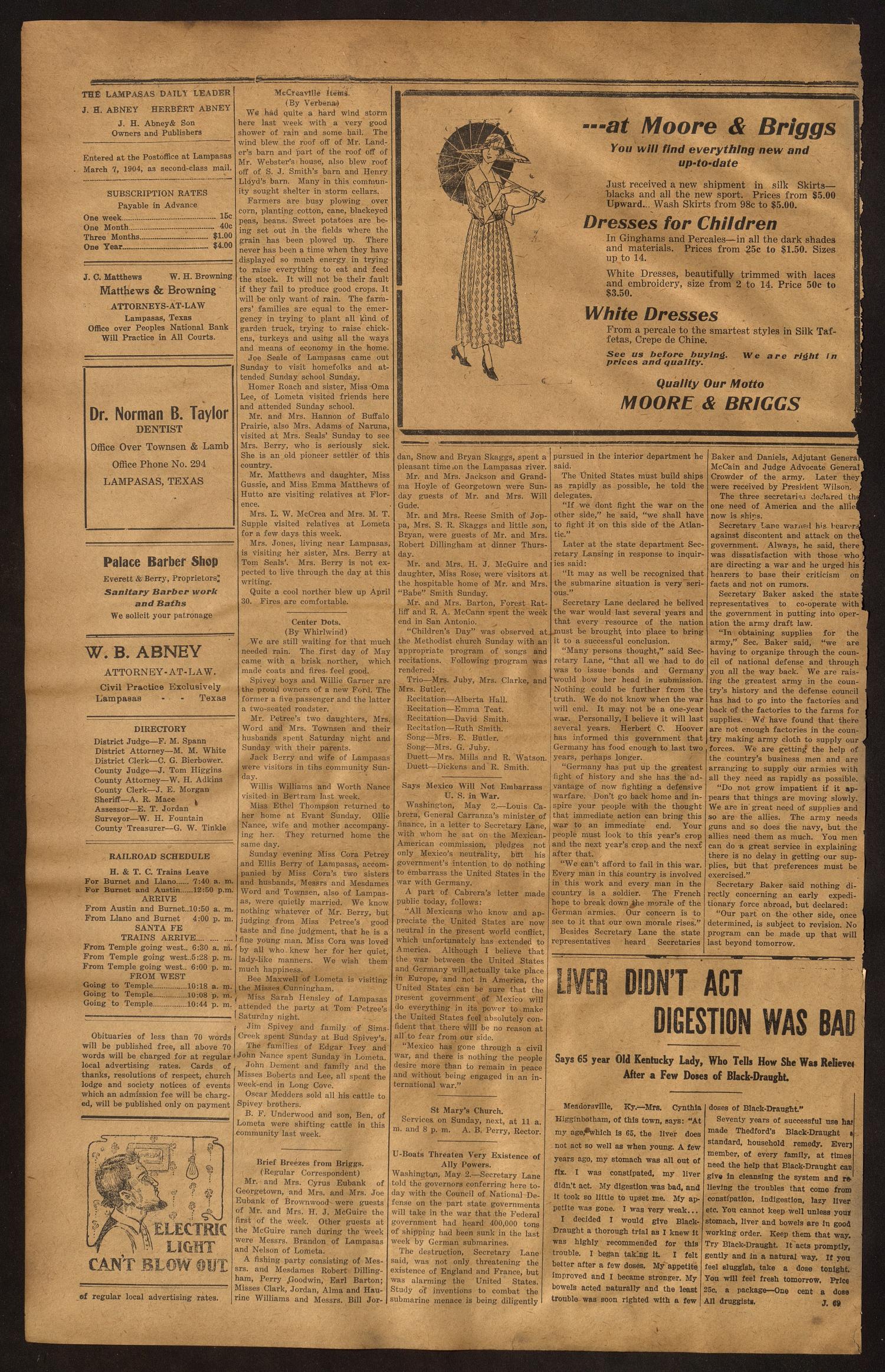 The Lampasas Daily Leader. (Lampasas, Tex.), Vol. 14, No. 50, Ed. 1 Thursday, May 3, 1917
                                                
                                                    [Sequence #]: 4 of 4
                                                
