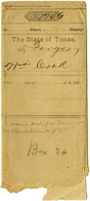 Documents pertaining to the case of The State of Texas vs. Walker Cook, cause no. 1746, 1885