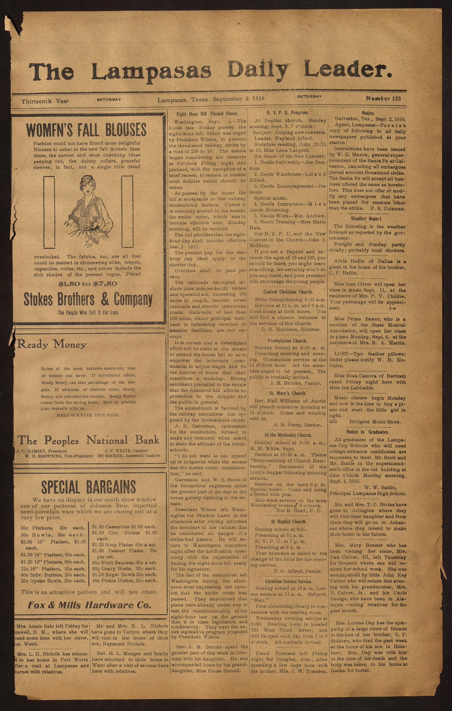 The Lampasas Daily Leader. (Lampasas, Tex.), Vol. 13, No. 155, Ed. 1 Saturday, September 2, 1916
                                                
                                                    [Sequence #]: 1 of 4
                                                