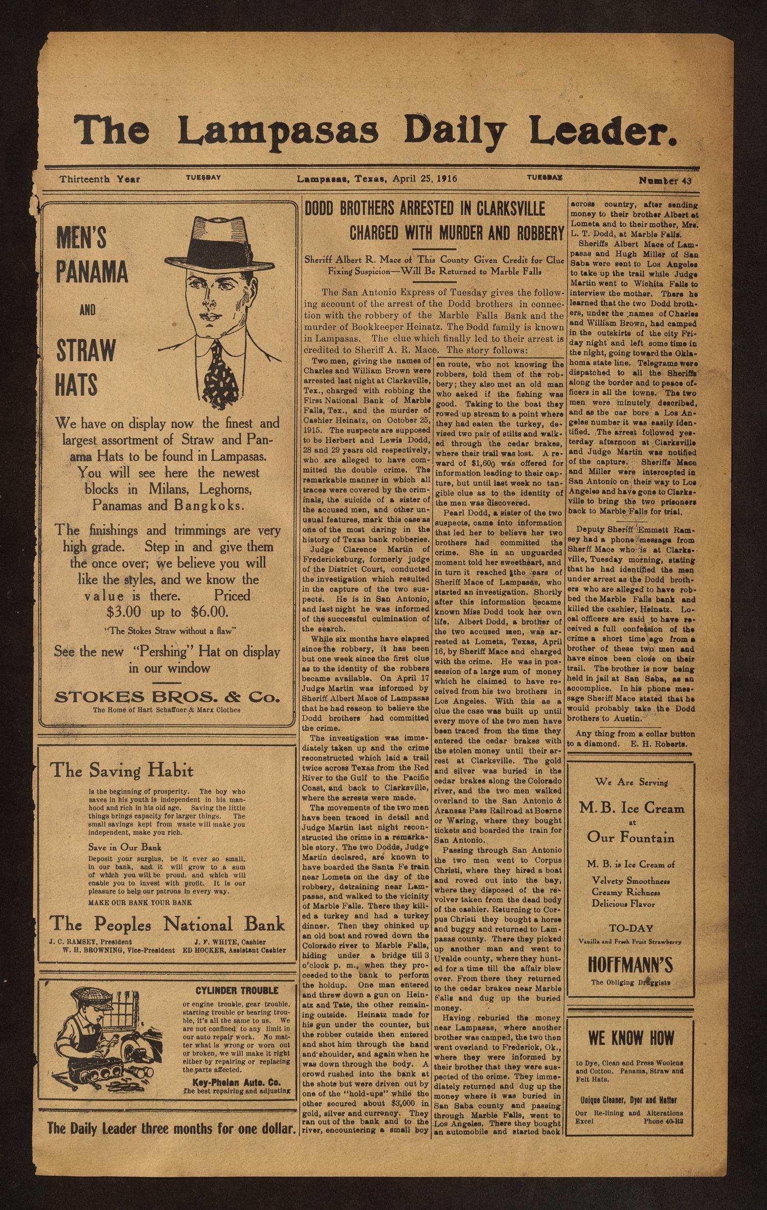 The Lampasas Daily Leader. (Lampasas, Tex.), Vol. 13, No. 43, Ed. 1 Tuesday, April 25, 1916
                                                
                                                    [Sequence #]: 1 of 4
                                                