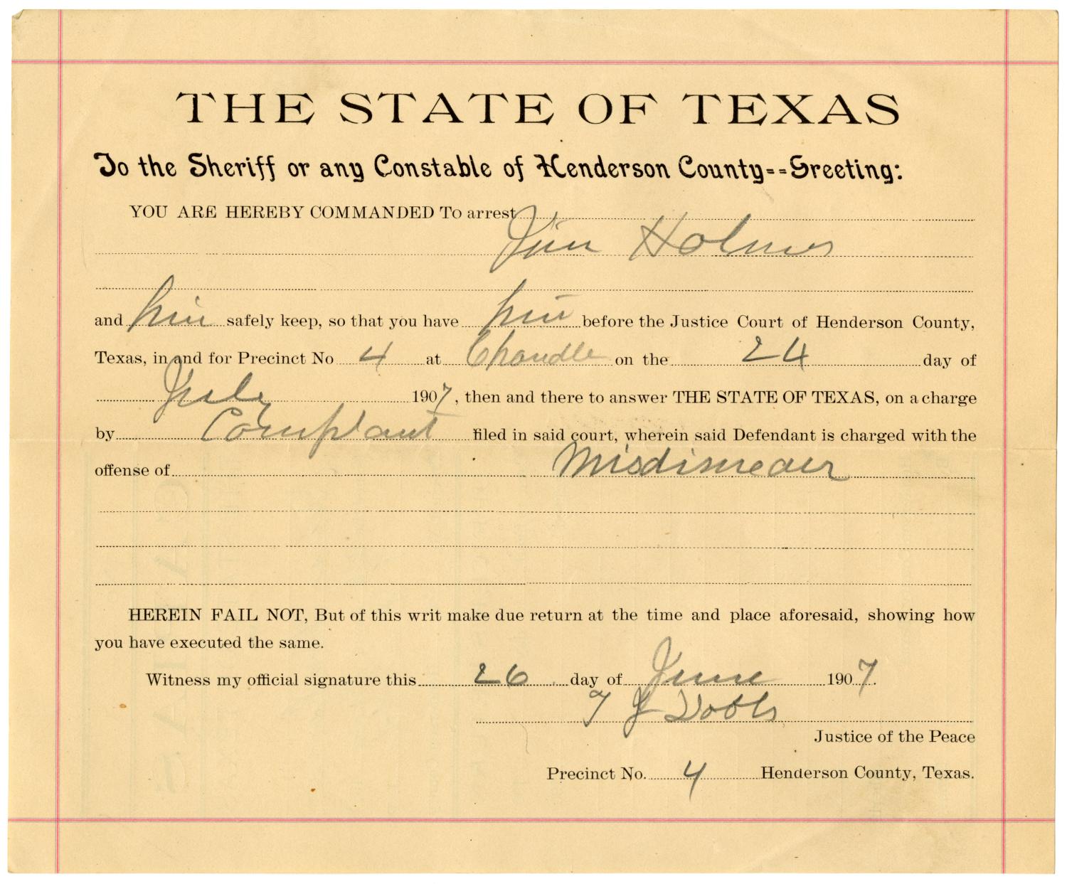 Documents pertaining to the case of The State of Texas vs. Jim Hanes, cause no. 618, 1906/1907
                                                
                                                    [Sequence #]: 3 of 6
                                                