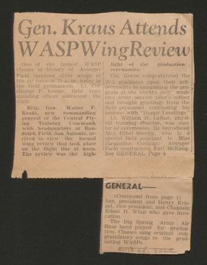 Primary view of object titled '[Clipping: Gen. Kraus Attends WASP Wing Review]'.