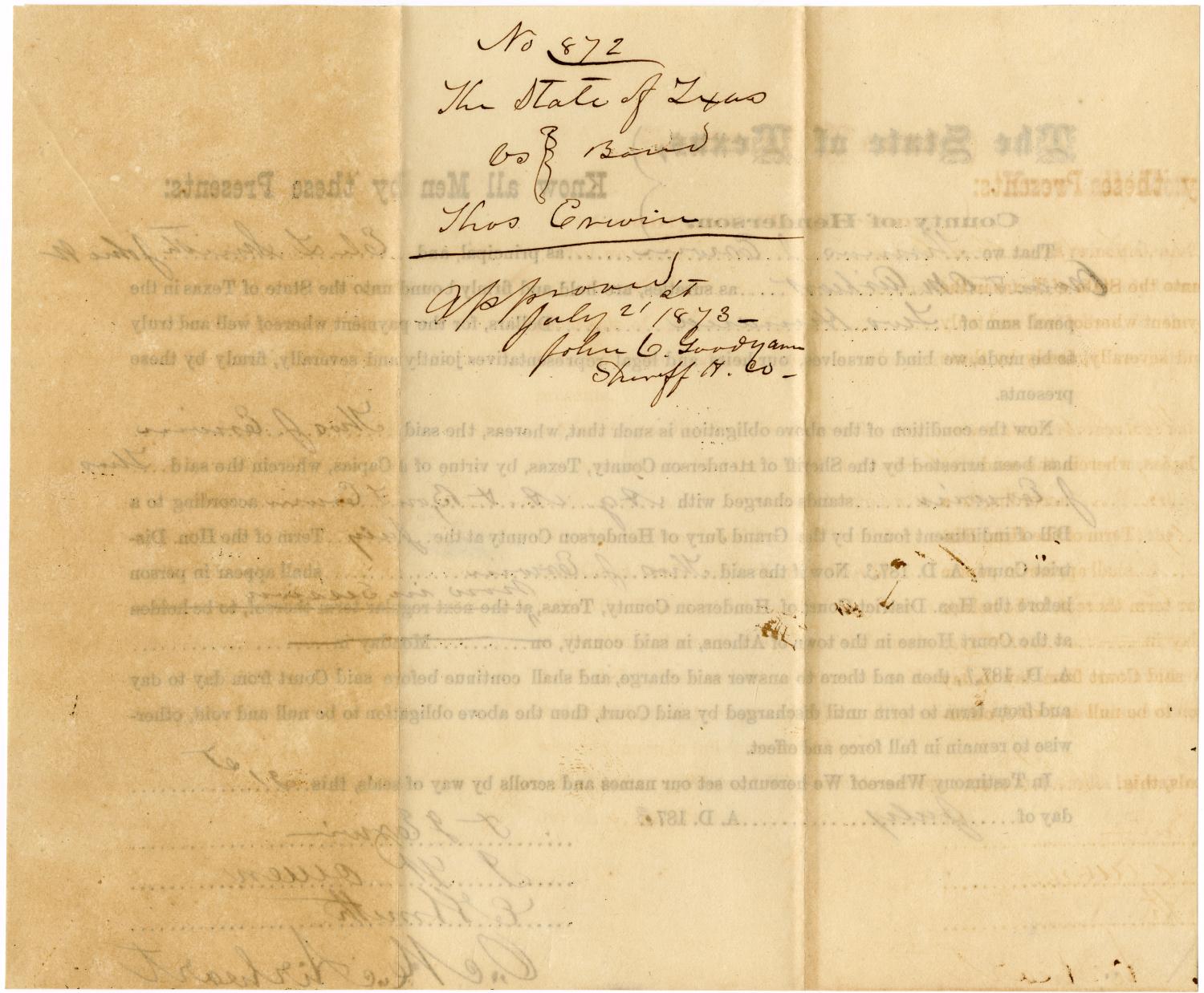 Documents related to the case of The State of Texas vs. Thomas Erwin, principal, J. W. Owen, E. L. Smith, O. M. Airheart, securities, cause no. 877, 1874
                                                
                                                    [Sequence #]: 4 of 8
                                                