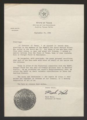 Primary view of object titled '[Letter from Mark White to WASP, September 25, 1986]'.
