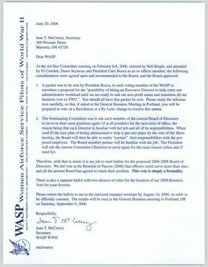 Primary view of object titled '[Letter from Jean McCreery to the WASP Membership, June 20, 2006]'.