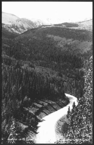 Primary view of object titled '[Postcard image of a "Glimpse Of Mt. Evans At. 14,260 Ft. From Chicago Creek Road"]'.