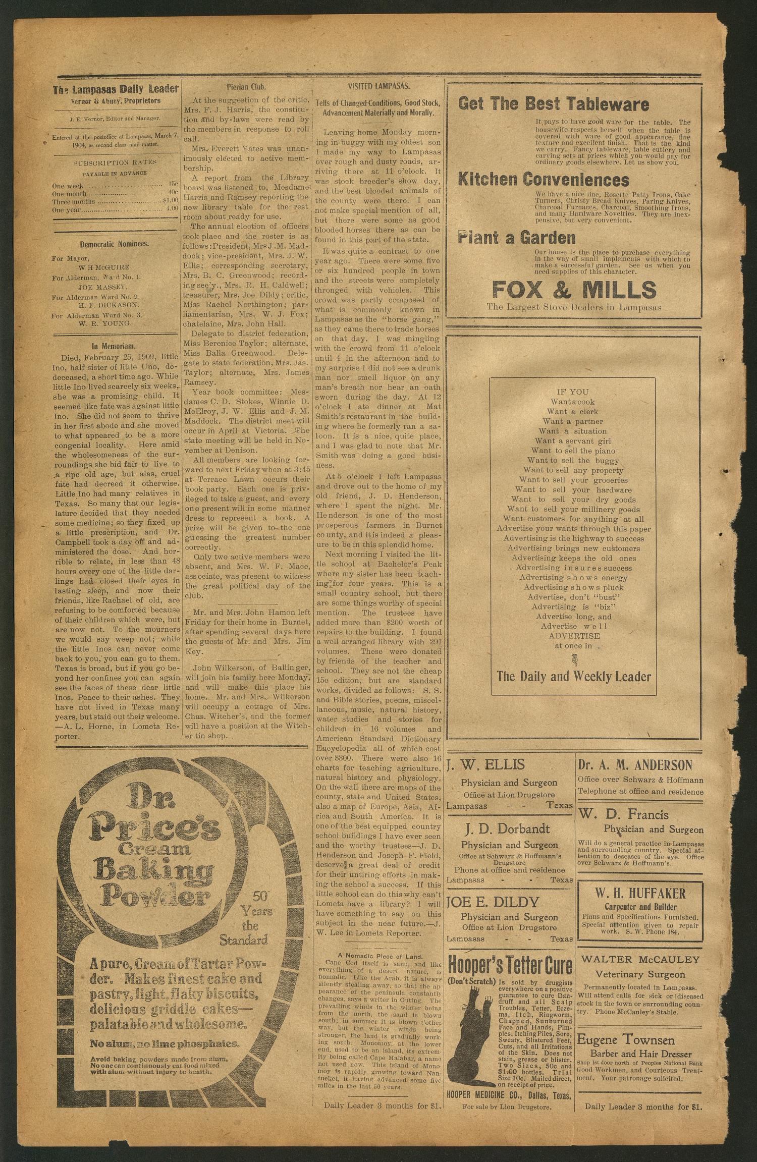 The Lampasas Daily Leader. (Lampasas, Tex.), Vol. 5, No. 1549, Ed. 1 Saturday, March 6, 1909
                                                
                                                    [Sequence #]: 4 of 4
                                                