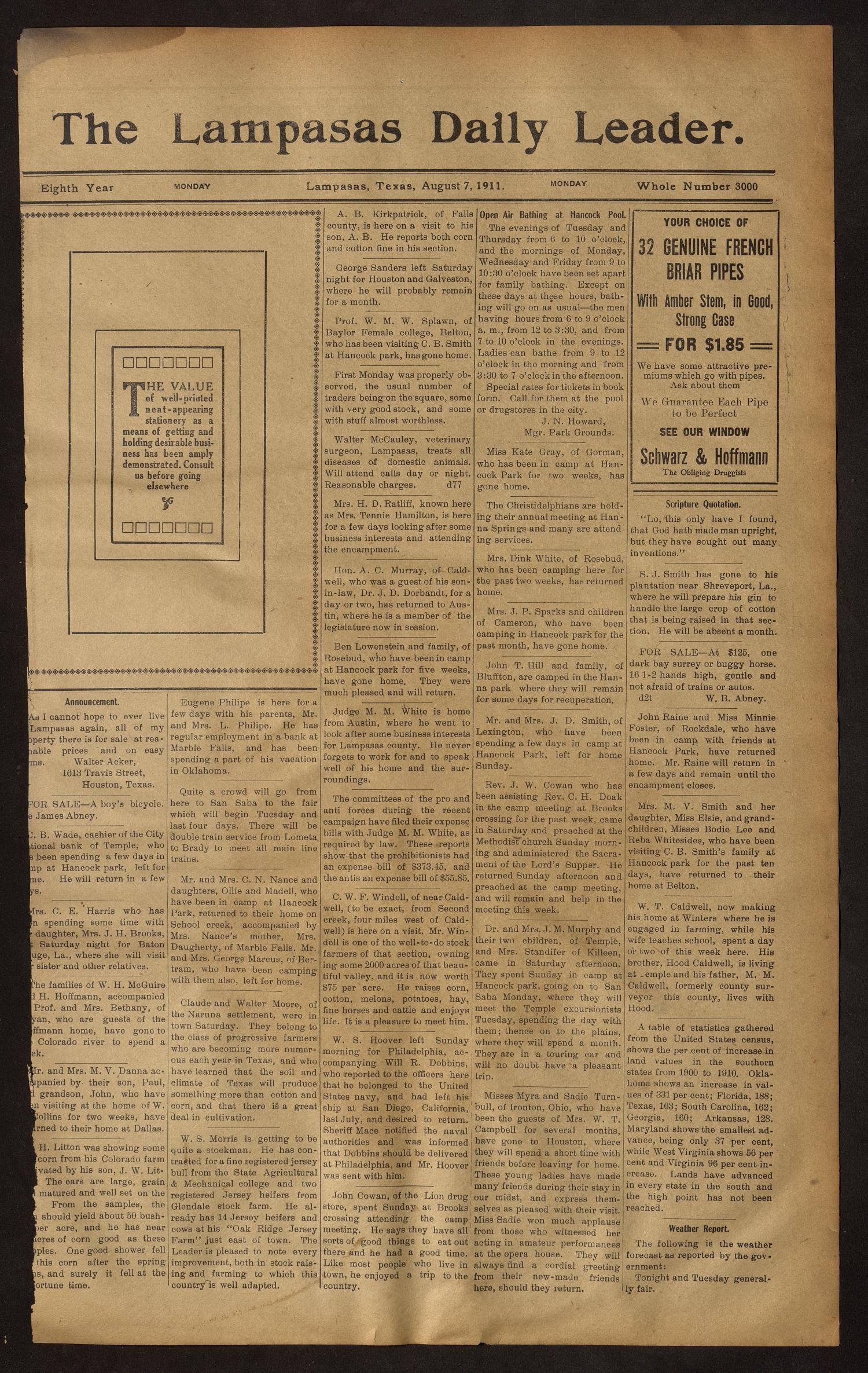 The Lampasas Daily Leader. (Lampasas, Tex.), Vol. 8, No. 3000, Ed. 1 Monday, August 7, 1911
                                                
                                                    [Sequence #]: 1 of 4
                                                