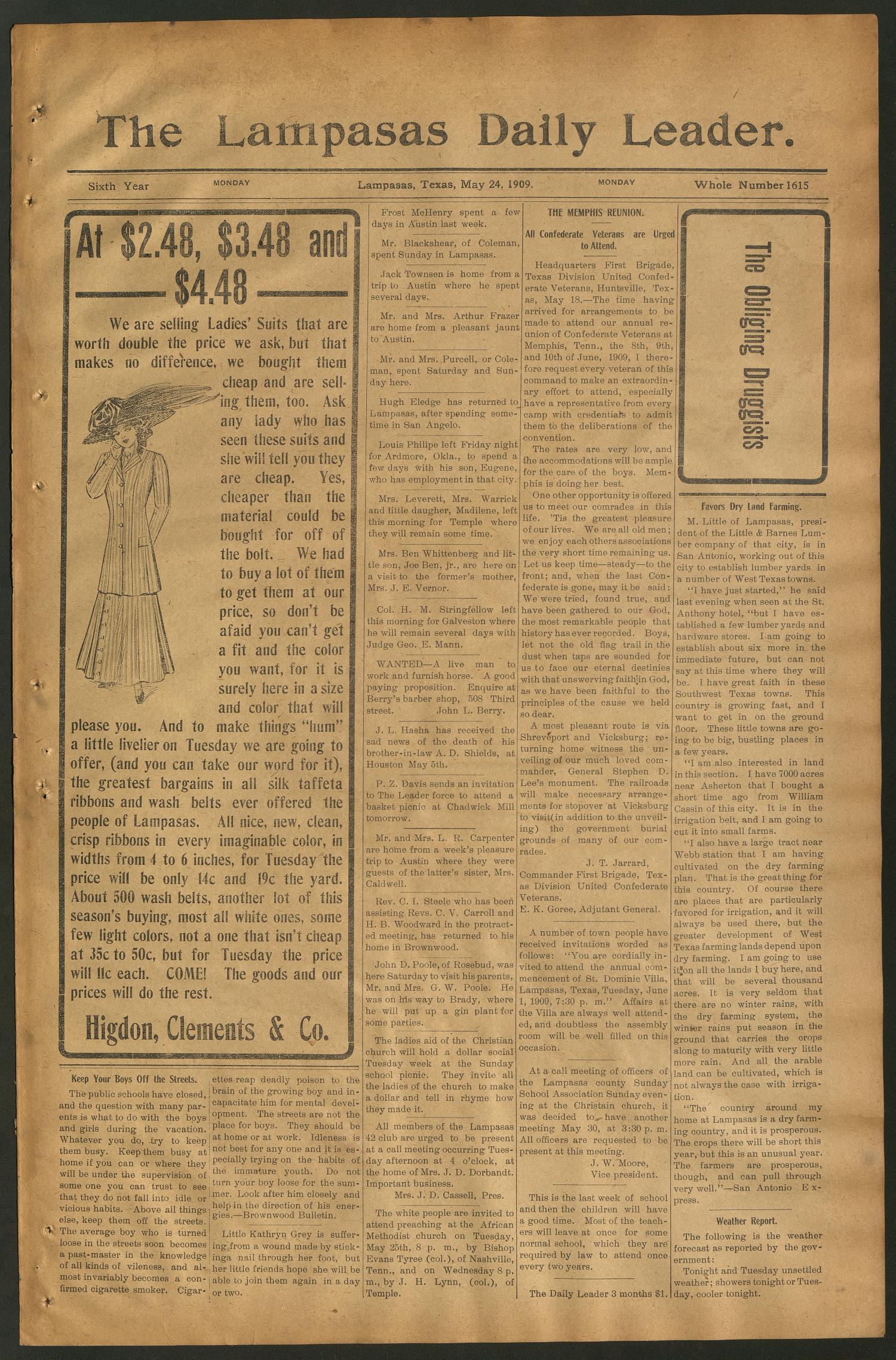 The Lampasas Daily Leader. (Lampasas, Tex.), Vol. 6, No. 1615, Ed. 1 Monday, May 24, 1909
                                                
                                                    [Sequence #]: 1 of 4
                                                