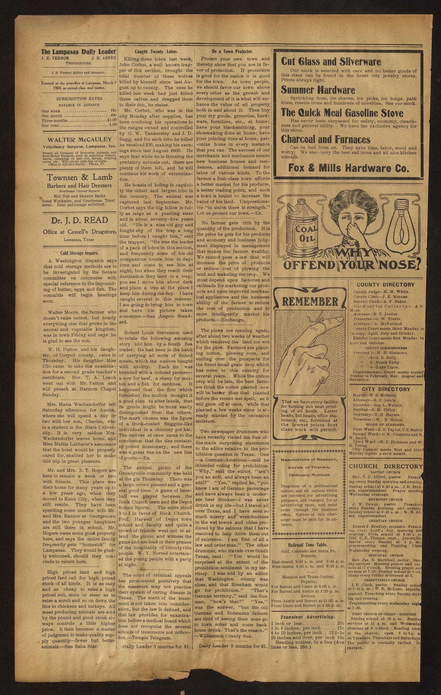 The Lampasas Daily Leader. (Lampasas, Tex.), Vol. 8, No. 2221, Ed. 1 Saturday, May 6, 1911
                                                
                                                    [Sequence #]: 4 of 4
                                                