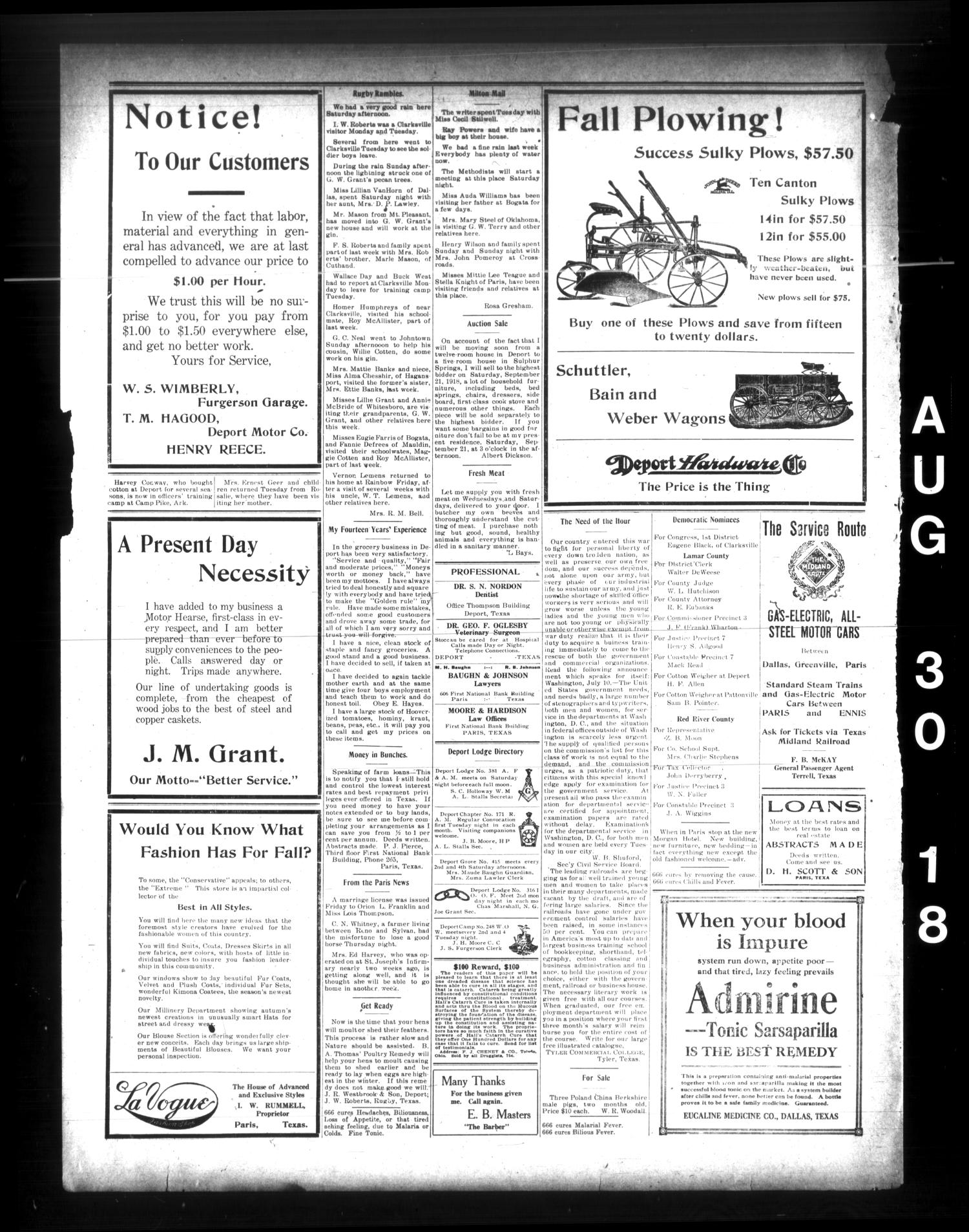 The Deport Times (Deport, Tex.), Vol. 10, No. 35, Ed. 1 Friday, August 30, 1918
                                                
                                                    [Sequence #]: 4 of 4
                                                