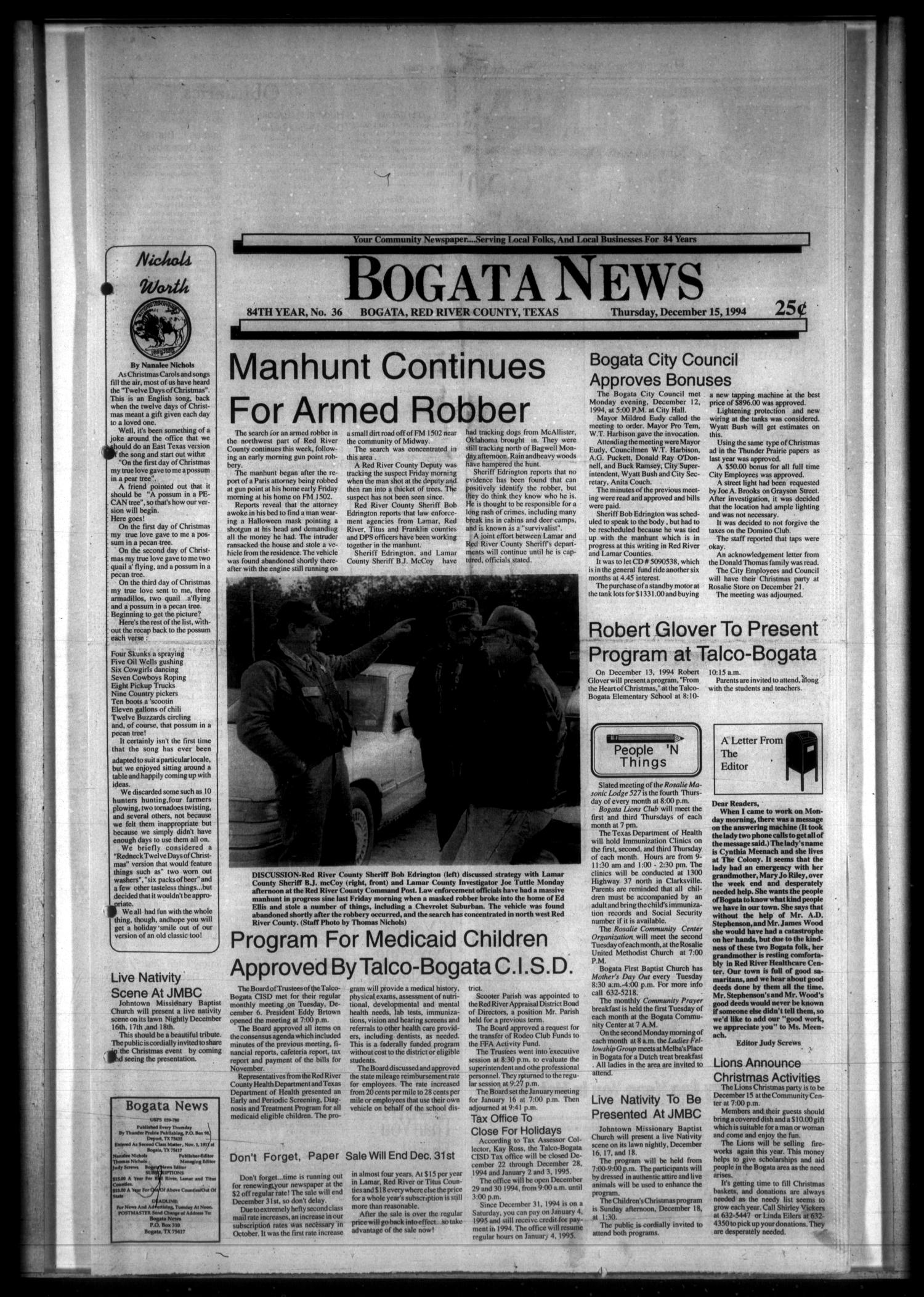 Bogata News (Bogata, Tex.), Vol. 84, No. 36, Ed. 1 Thursday, December 15, 1994
                                                
                                                    [Sequence #]: 1 of 14
                                                