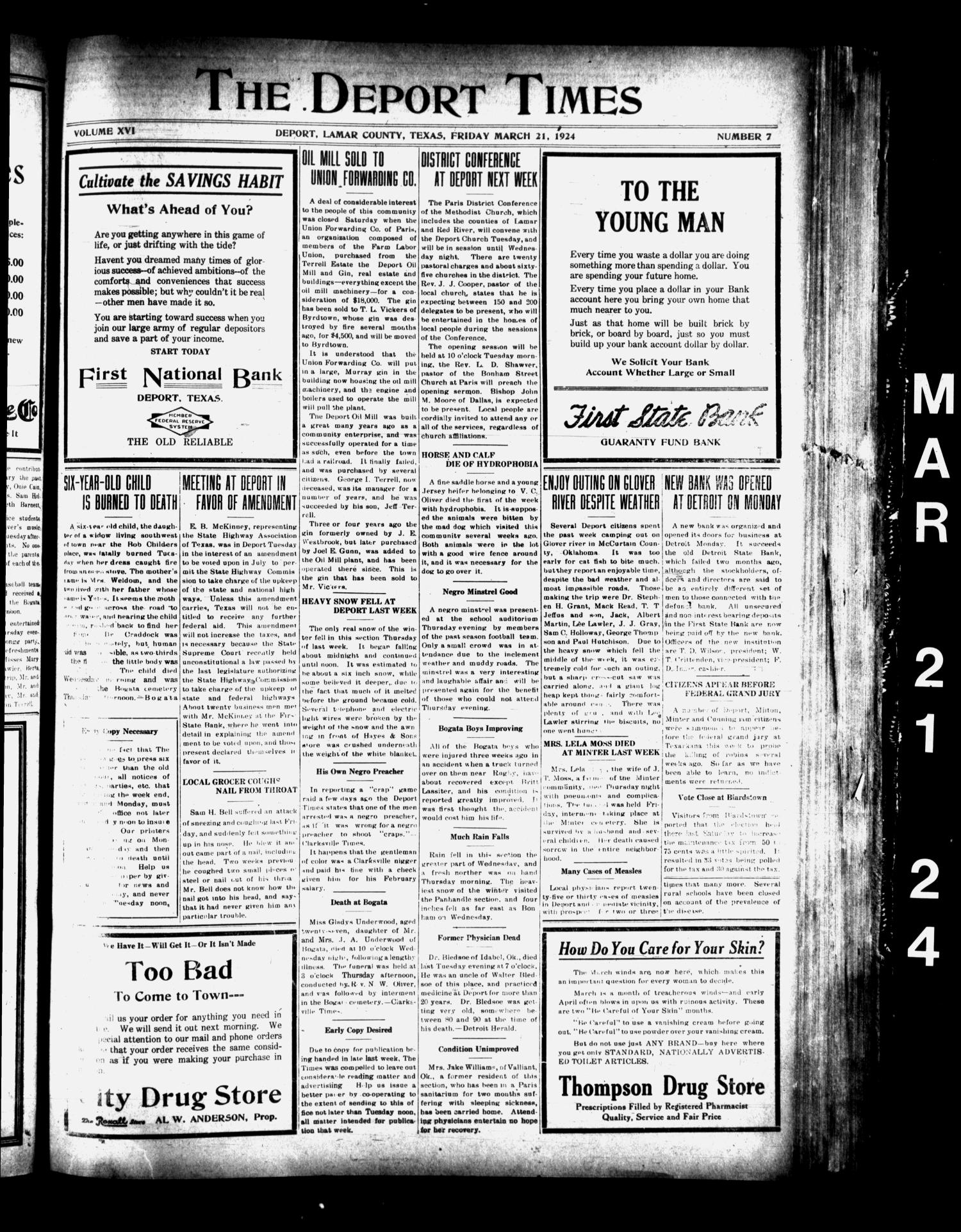 The Deport Times (Deport, Tex.), Vol. 16, No. 7, Ed. 1 Friday, March 21, 1924
                                                
                                                    [Sequence #]: 1 of 6
                                                
