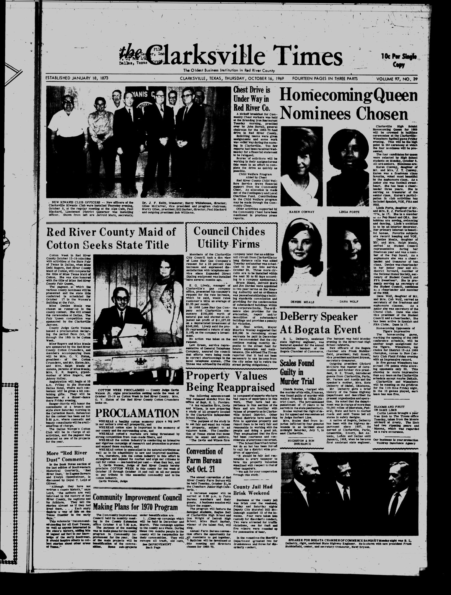 The Clarksville Times (Clarksville, Tex.), Vol. 97, No. 39, Ed. 1 Thursday, October 16, 1969
                                                
                                                    [Sequence #]: 1 of 14
                                                